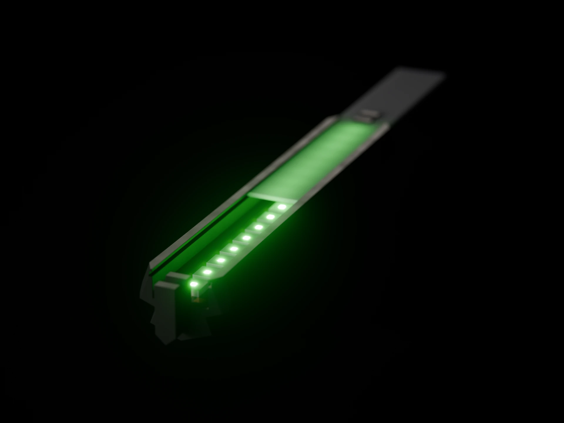 An edge rail in section: the LED strip deep in its channel behind a frosted diffuser.