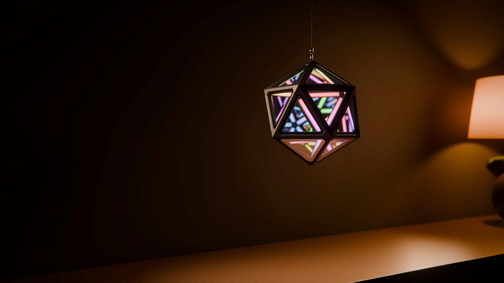 The lamp hanging as a pendant from its mount hub, glowing above a table.